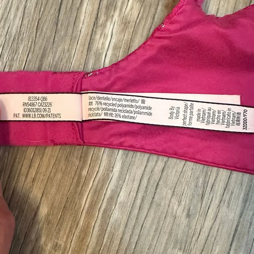 Victoria's Secret‎ Hot Pink & Gold Shine Push-Up Perfect Shape Bra Sz 32DDD Lace